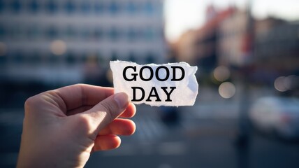 A Hand Holding a Piece of Paper with the Words 'Good Day' Written on It, Against a Blurred City Background
