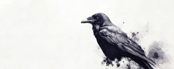 A detailed artistic representation of a black crow bird in profile