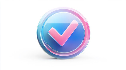 A 3D glossy gradient checkmark symbol within a circular badge, with holographic blue and pink hues and a glass-like reflective texture. Isolated on a transparent or white background.