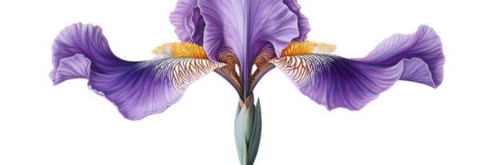 A vibrant close-up of a blue iris flower in full bloom with striking details and delicate petals against a plain isolated on transparent background.png