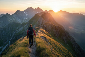Fototapeta premium A lone hiker climbing a steep mountain, with a faint but visible peak in the distance, symbolizing the power of persistence.