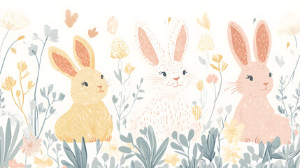 Obraz premium Elegant pastel Easter bunnies with subtle floral patterns, hand-drawn for greeting card projects.