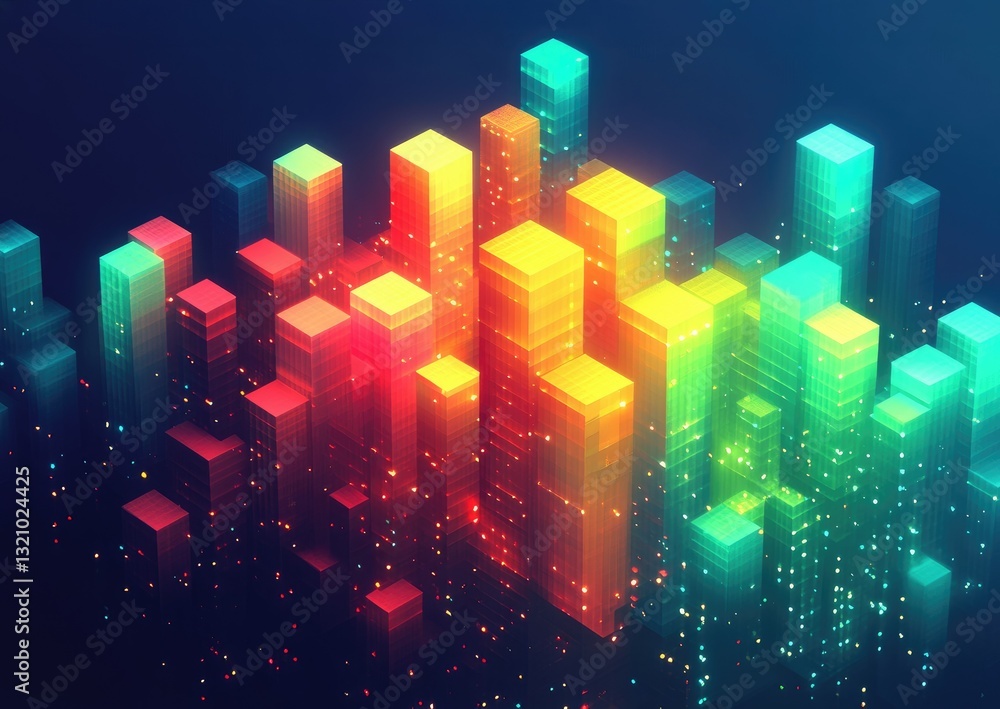 Poster urban spectrum: a vibrant, abstract representation of a city skyline glows with an array of colors.