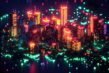 Fototapeta premium Cyberpunk Cityscape: A futuristic cityscape glows with vibrant neon lights, showcasing sleek skyscrapers and a dynamic atmosphere, capturing the energy of innovation and technological advancement.