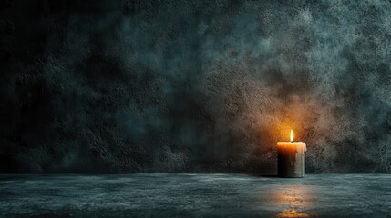 This image showcases a burning candle set on a rustic stone ground, infusing the dark space with a soft, flickering light that symbolizes hope and positivity amidst darkness.