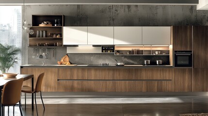 Modern Kitchen Design with Wood Cabinets and City View