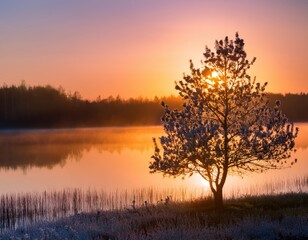 Fototapeta premium serene spring landscape with a blooming tree and a reflection on a lake