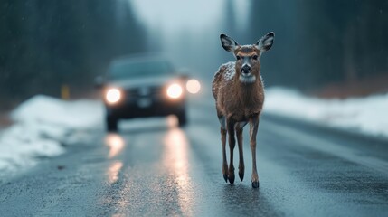 A lone deer cautiously walks down a wet winter road, highlighting the juxtaposition of wildlife and urban encroachment in a serene snowy landscape.