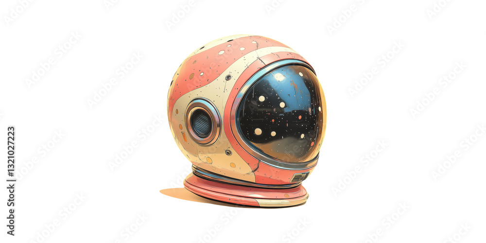Poster retro space helmet with starry reflections isolated on transparent background