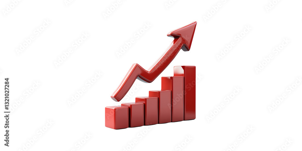 Poster red rising bar graph with arrow isolated on transparent background