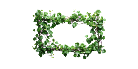Rectangular green vine border with leaves and flowers isolated on transparent background