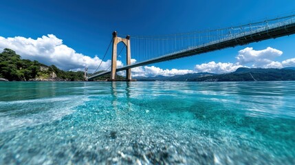 This breathtaking image captures the elegance of a grand bridge spanning over tranquil turquoise waters, highlighted by a brilliant blue sky and soft white clouds.