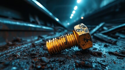A close-up shot of a rusty golden bolt lying on a dark, textured metal surface, highlighting the beauty in decay and the intricate details of industrial elements.