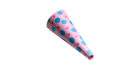 Pink and blue polka dot party cone isolated on transparent background