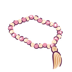 Obraz premium Buddhist mala, rosary cartoon beads with tassel. Funny pink loop of prayer beads on string for zen meditation. praying, spirituality mascot, cartoon cute traditional chaplet vector illustration