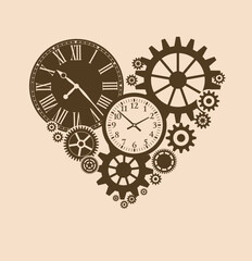 gears on a beige background mechanisms clock in forrn heart