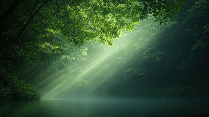Obraz premium Sunbeams Through Lush Green Forest Canopy Over Calm Water