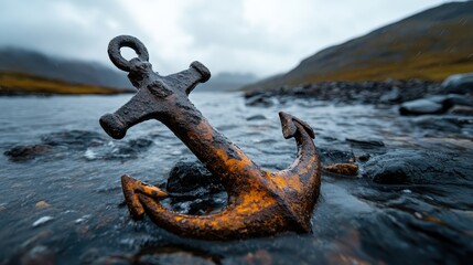 An antique anchor partially submerged in calm waters reflects a serene landscape, framed by distant mountains and a cloudy sky, symbolizing forgotten tales of the sea.