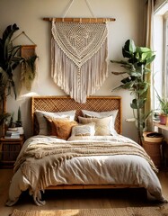 A cozy bedroom with a rattan headboard, macramé wall art, and plenty of greenery.