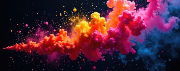 Fototapeta premium Colorful holi smoke ink burst on black canvas with splatters and poweder explosions, rainbow, texture, abstract