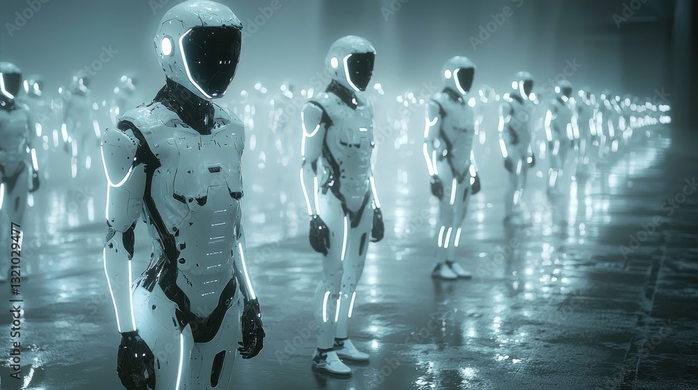 Poster robots standing in row on wet surface with neon accents