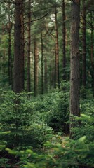 Fototapeta premium Lush forest interior, tall pine trees, dense undergrowth, sunlight filtering through canopy