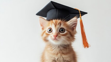 A cute kitten in a graduation hat symbolizes learning, success and intelligence, the pursuit of knowledge, education and personal development.