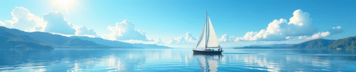 Naklejka premium A sailboat glides effortlessly on a serene lake amidst clear blue sky and white fluffy clouds, lake, water