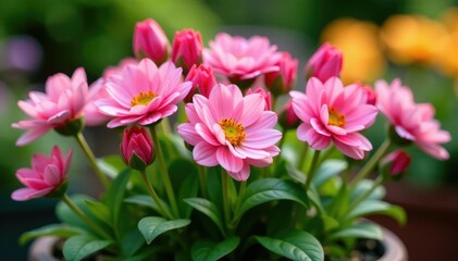 Colorful pink and white flower buds in a garden container, container, pink, flowers