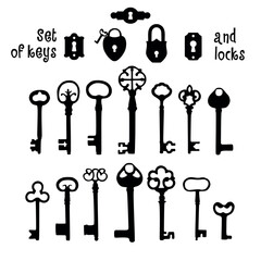 Vintage set with different antique black keys on white background