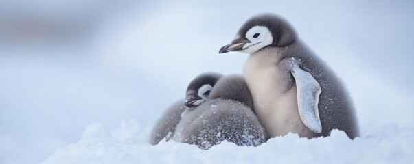 Three fluffy penguin chicks huddled together in the snowy landscape