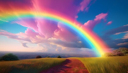 Obraz premium A magical and surreal scene with vibrant colors sweeping across the sky, forming a glowing double rainbow over a dreamlike landscape. 