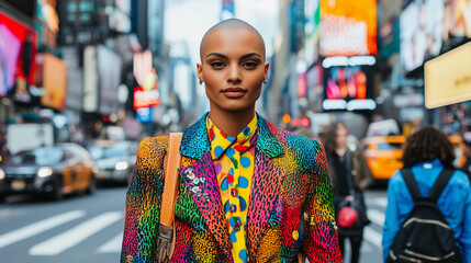 Fototapeta premium a confident individual with a shaved head walks through the city streets, wearing a striking multicolored blazer with bold geometric patterns. their poised expression and oversized sunglasses create a