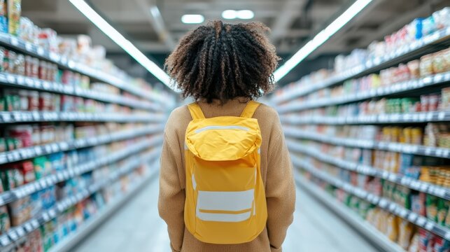 A woman with a vibrant yellow backpack stands amidst a colorful grocery aisle, embodying the simplicity and routine of everyday shopping experiences.