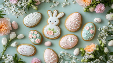 Colorful and festive Easter cookies shaped like bunnies and eggs, decorated with bright icing and sprinkles, set on a joyful table surrounded by flowers and holiday decorations.