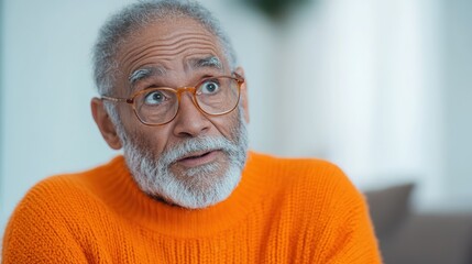 Obraz premium An elderly man with glasses expresses surprise, wearing a bright orange sweater in a soft environment, creating a vibrant contrast, showcasing the beauty of genuine emotion and connection.