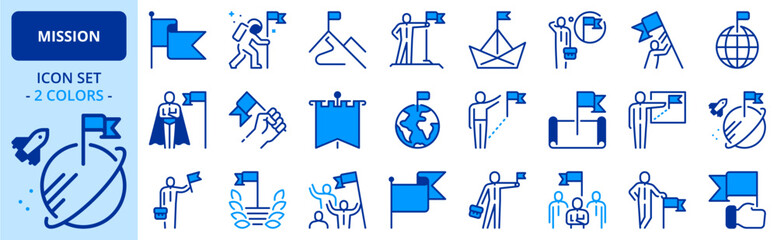 Icons in two colors about mission. Business concepts