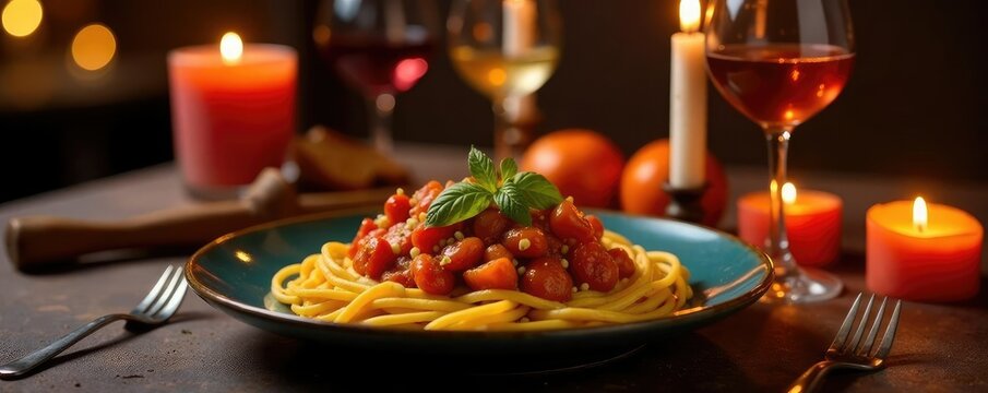 Comida para presentar en una mesa con velas y candelabros, toallas, candelabros