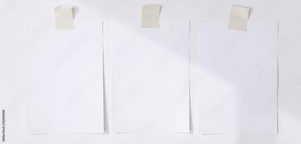 Poster blank paper sheets, attached with tape. misaligned pages, subtle shadows. office mockup. presentatio