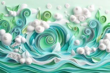 Paper Quilling Summer Decor concept. Artistic paper waves in shades of blue and green with cloud textures
