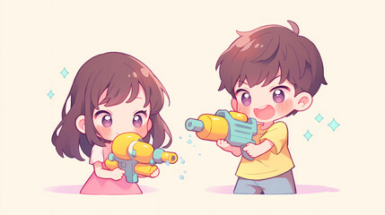 Two children joyfully playing with colorful water guns in a bright, cheerful setting