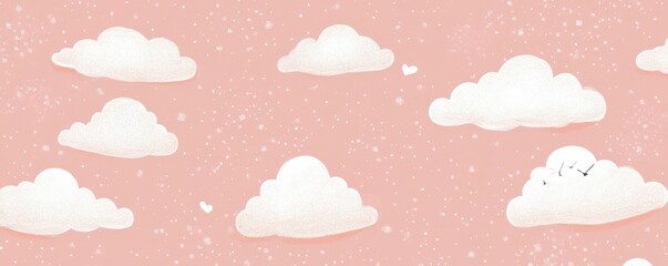 Fluffy white clouds on soft pink background with heart accents and stars
