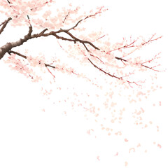 満開の桜、淡いピンクの花びらが風に舞う美しい風景