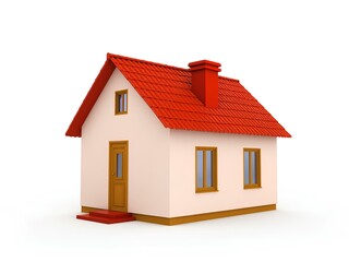 Bright and colorful 3D render of cartoon house with red roof with simple geometric shapes on white background for design and illustration. 