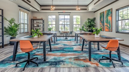 Fototapeta premium Modern Coworking Space with Desks, Chairs and Colorful Abstract Rug