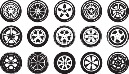 Car Wheels Vector Set, Black and White Illustration