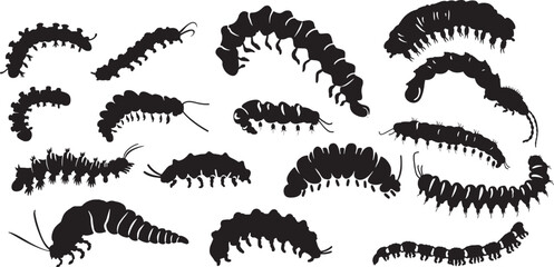 Caterpillar Silhouettes, Black Vector Illustrations Set Isolated on White