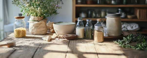 Fototapeta premium Rustic kitchen table with herbs, grains, and jars in sunlit setting