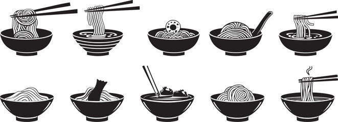 Noodle Bowl Vector Set, Asian Cuisine Icons, Isolated on White