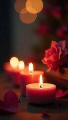 Burning candles create warm heartshaped bokeh effect , atmosphere, charming